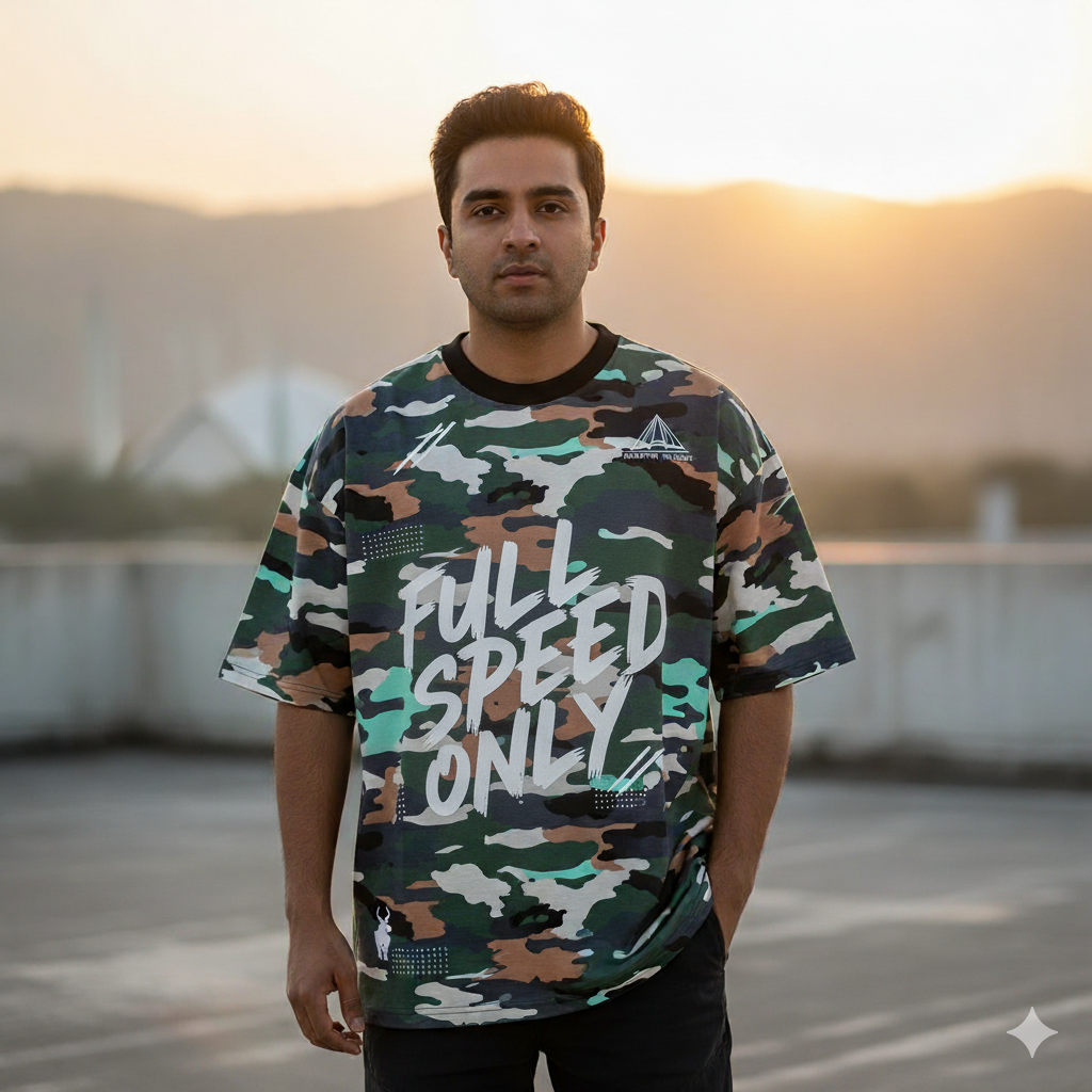 Islamabad Drifter Camo Oversized T-Shirt | Streetwear Biker Tee for Men | Urban Military Print | Made in Pakistan