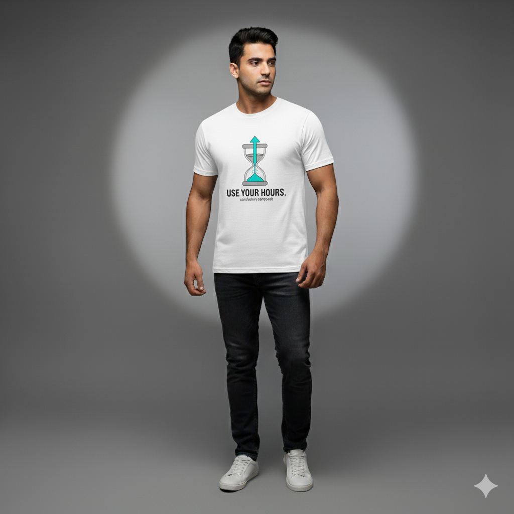 Use Your Hours – Motivational Time Graphic T-Shirt | White Minimal Streetwear | Consistency Compounds Collection