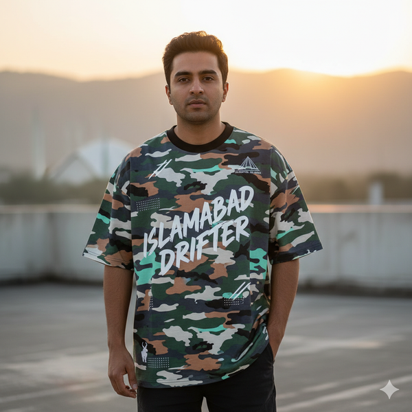 Islamabad Drifter Camo Oversized T-Shirt | Streetwear Biker Tee for Men | Urban Military Print | Made in Pakistan