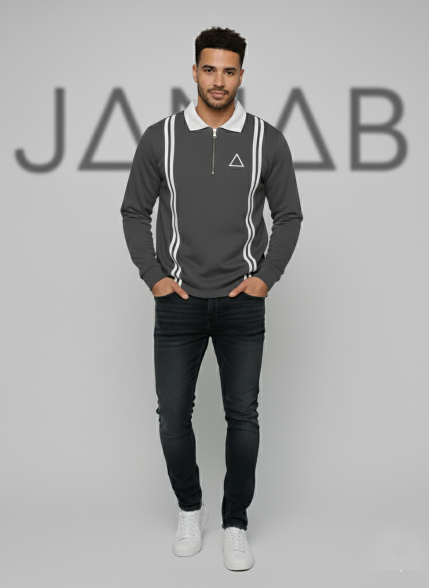 Men's Quarter-Zip Retro Polo | Long Sleeve Knit Shirt | Brown, Black & Grey