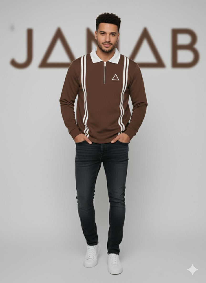 Men's Quarter-Zip Retro Polo | Long Sleeve Knit Shirt | Brown, Black & Grey